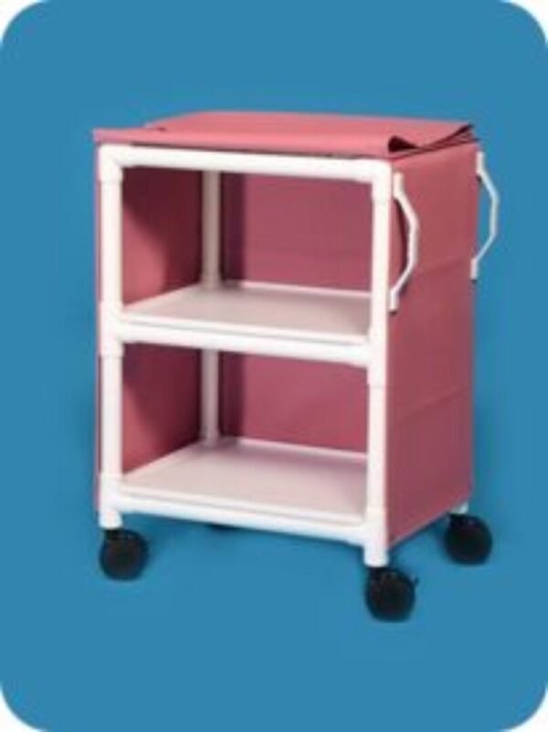 A pink and white cart with two shelves.