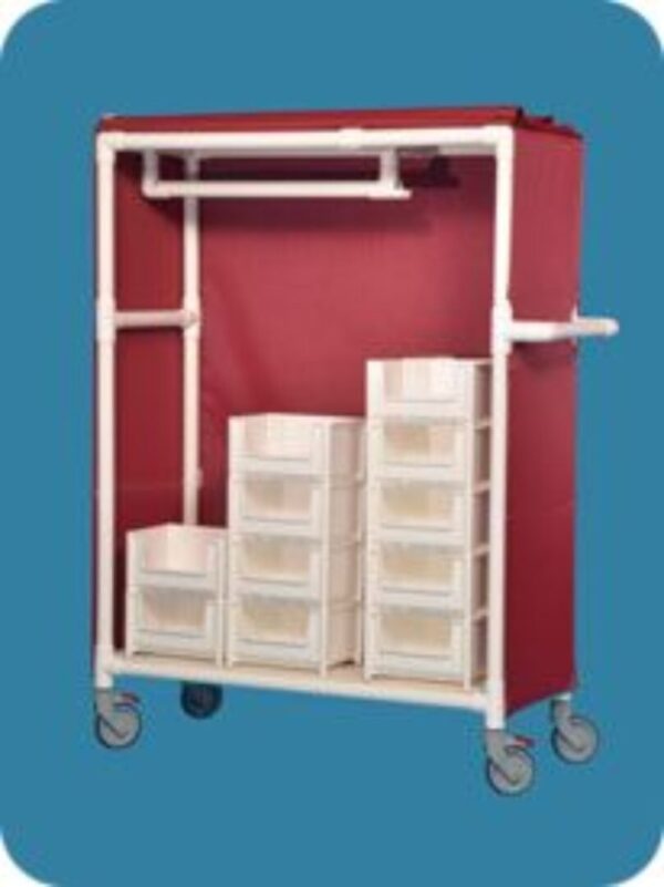 A red cart with drawers and a cover.