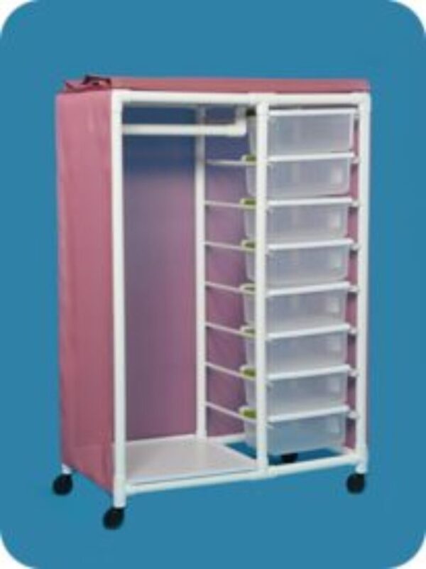 A pink and white cart with multiple shelves