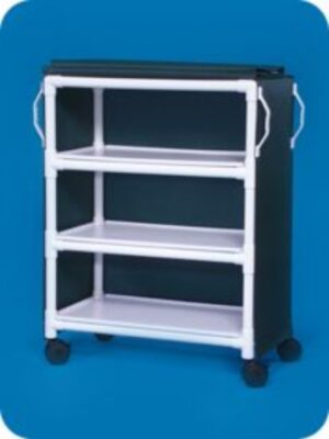 A black and white cart with three shelves.