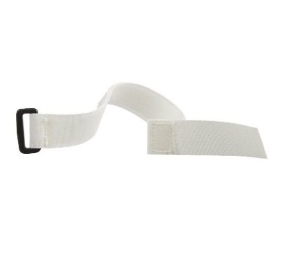 A white strap with black buckle on it.