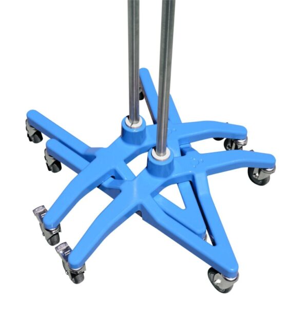 A blue stand with wheels and a metal pole.