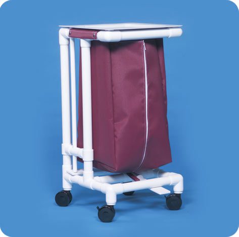 A white cart with a purple bag on top of it.