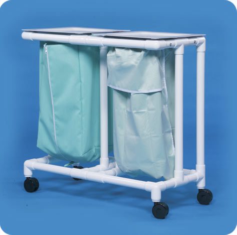 A plastic cart with two bags on it.