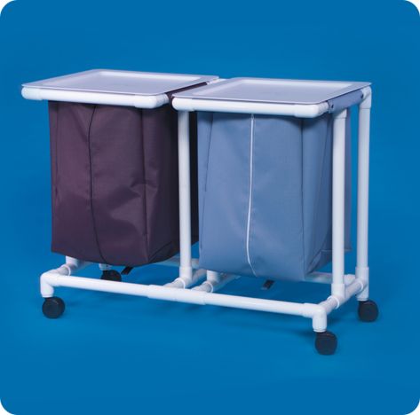A double laundry hamper with wheels and handles.