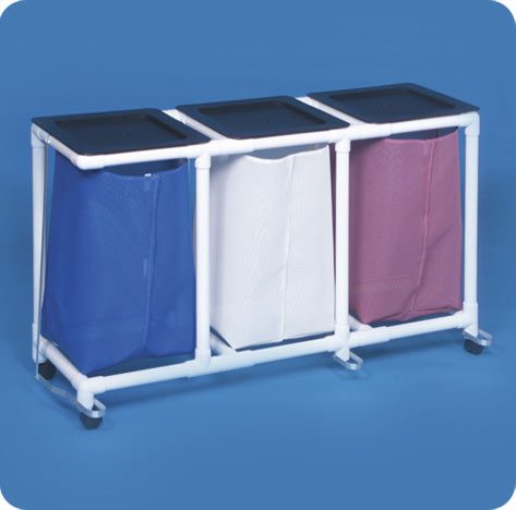 A three bin cart with blue, white and purple bags.
