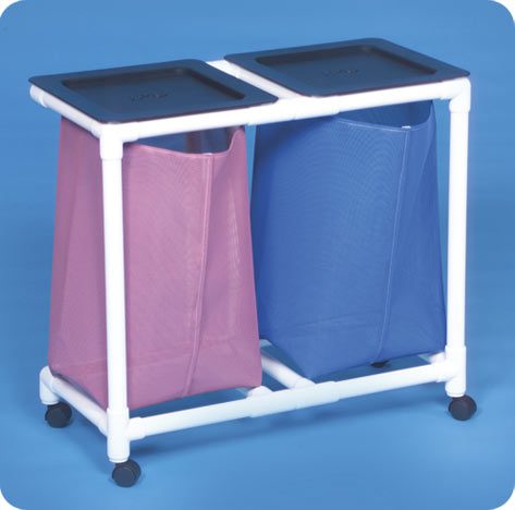 A blue and pink bag holder on top of a table.