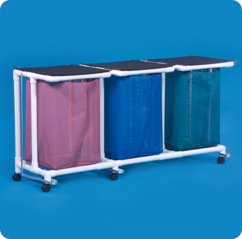 A three bag cart with a blue, pink and green bin.