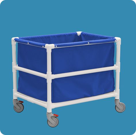 A blue basket with wheels on it