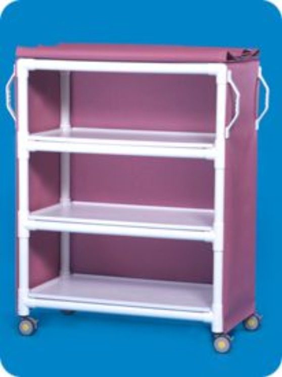 A pink and white cart with three shelves.
