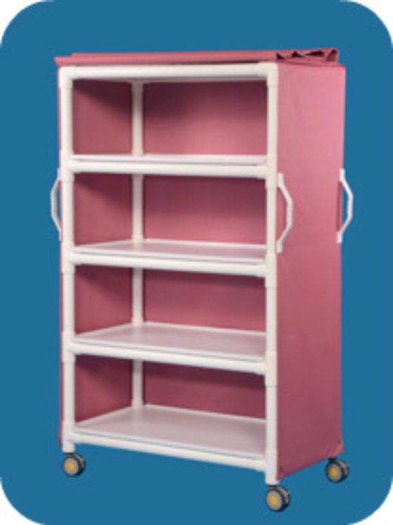 A pink and white shelf with four shelves.