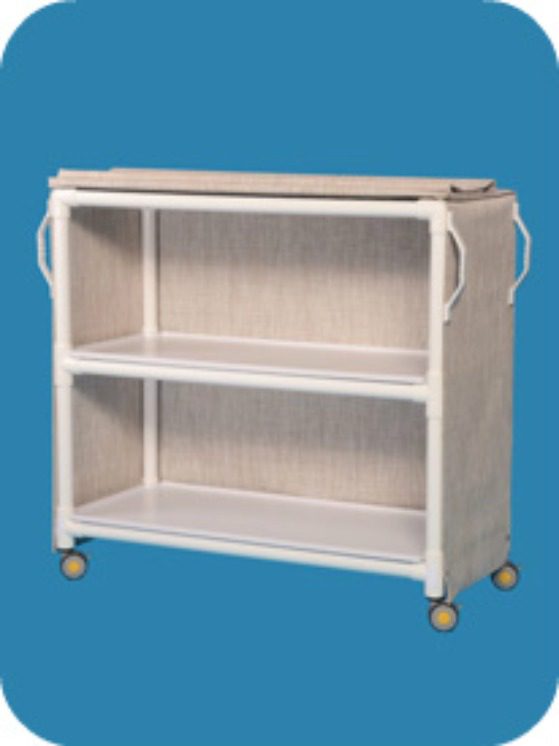 A white shelf with wheels and handles on it.