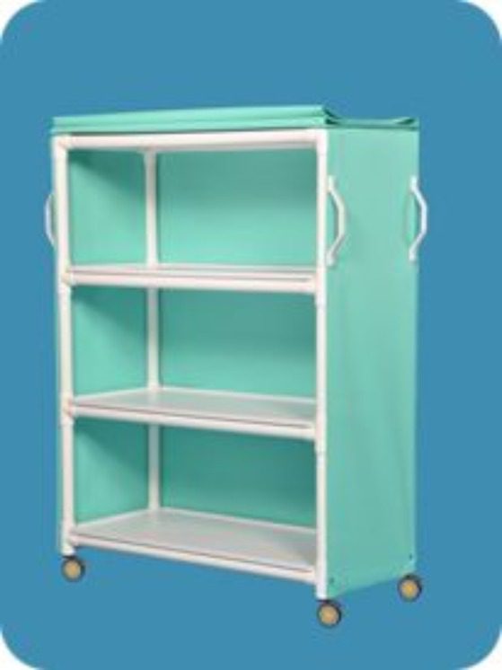 A blue shelf with wheels and handles on it.