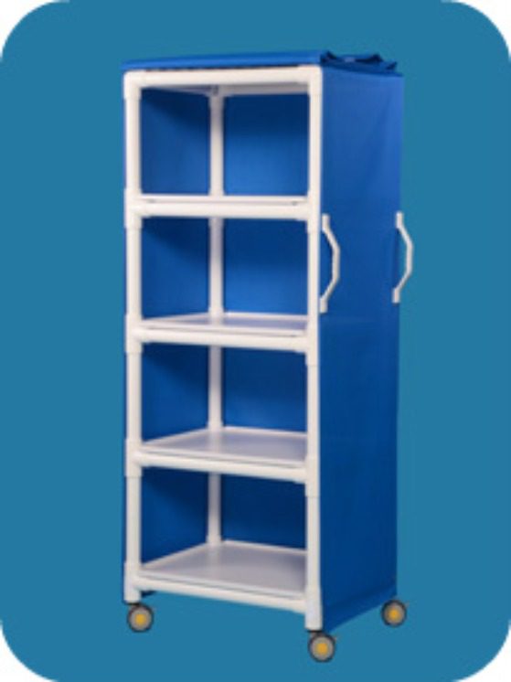 A blue and white plastic shelf unit on top of a wall.