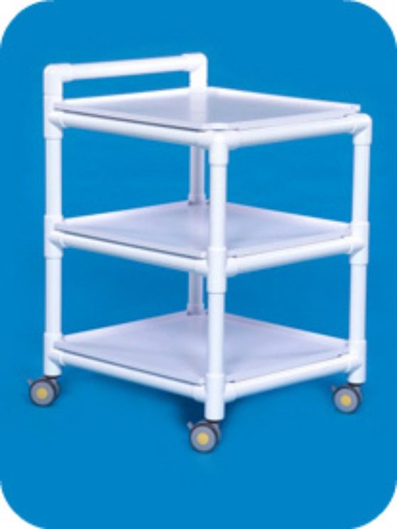 A white cart with three shelves and wheels.