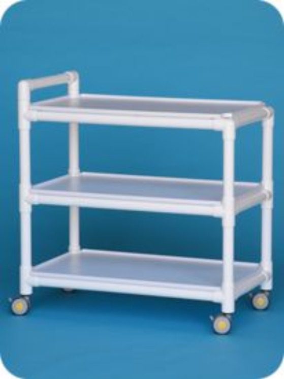A white cart with three shelves and wheels.
