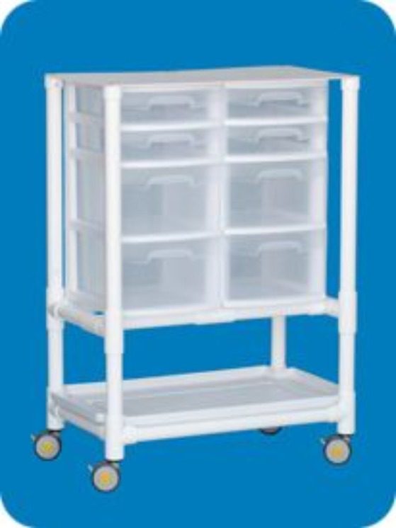 A plastic cart with eight clear bins on top.