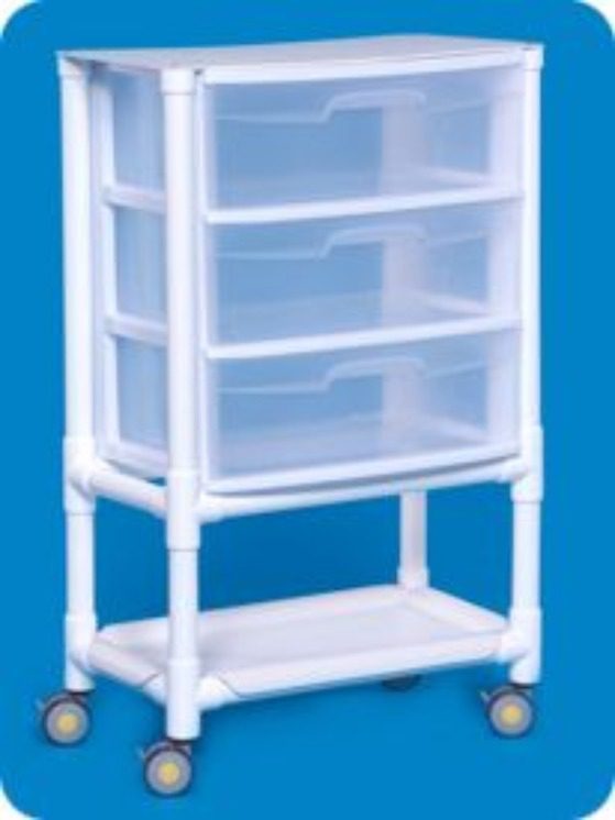 A plastic cart with three drawers and two wheels.