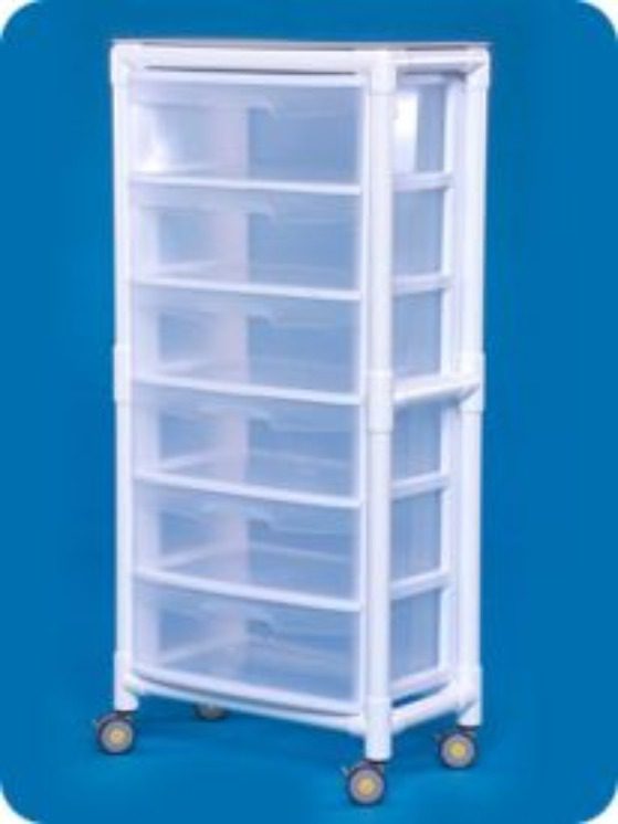 A tall plastic storage cart with six drawers.
