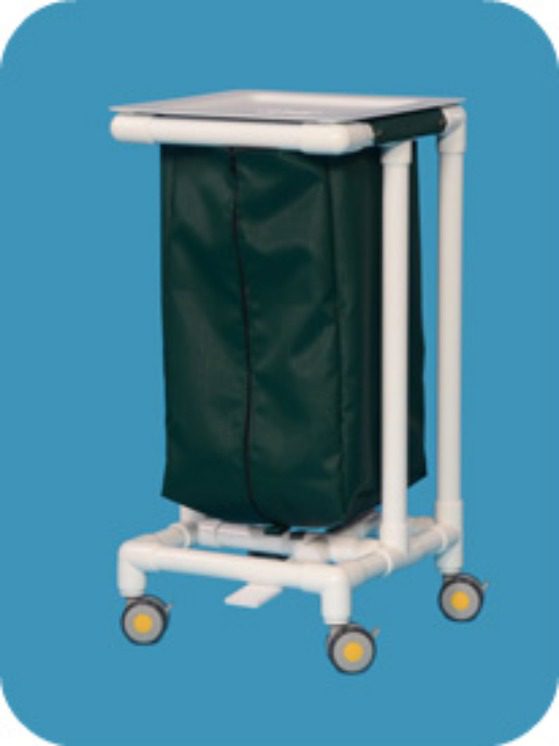 A white cart with a black bag on top of it.