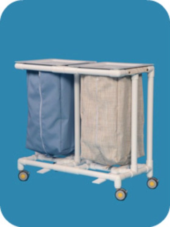 A white cart with two bags on it