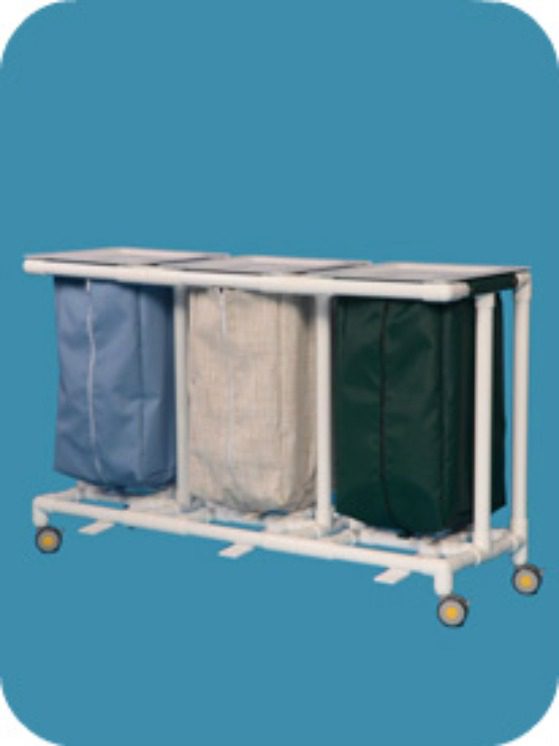 A three bag cart with bags in it.