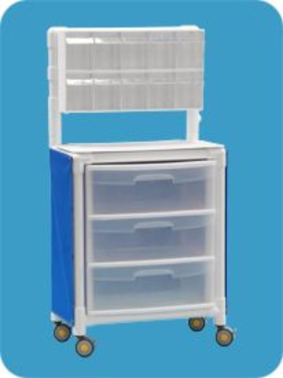 A blue and white cart with three drawers