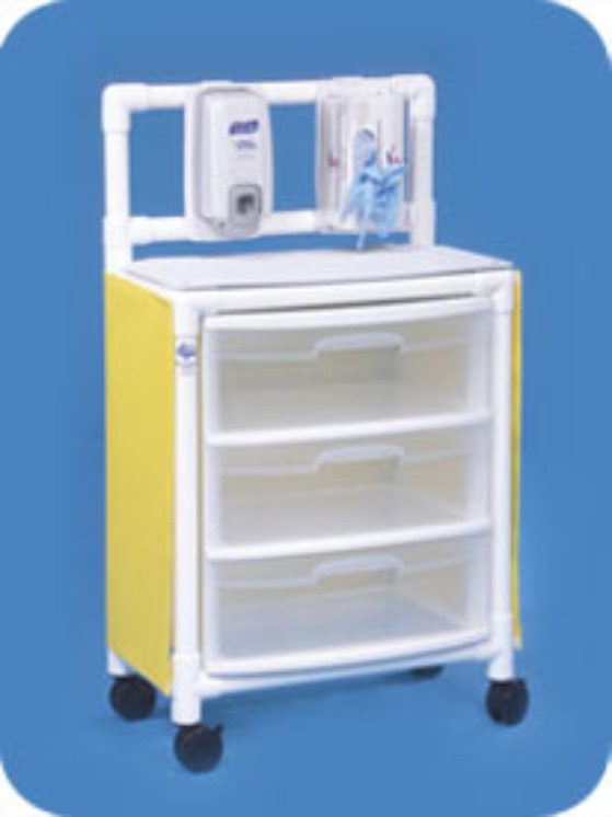A yellow and white cart with three drawers