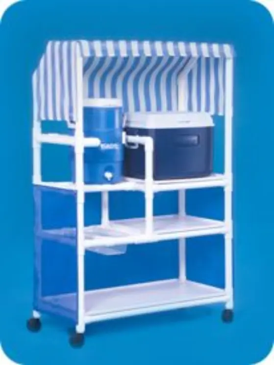 A cooler and ice chest on top of a shelf.