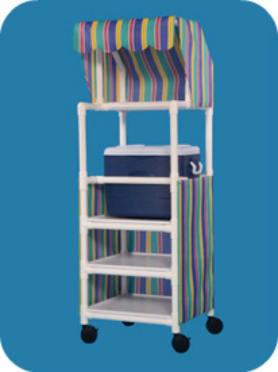 A cooler cart with a canopy and shelves.