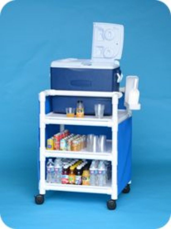 A cooler and beverage cart with drinks on the side.