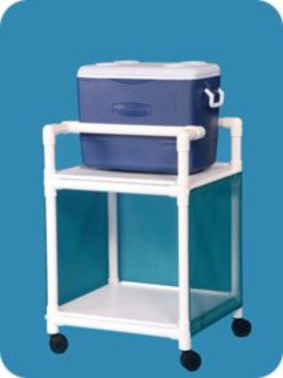 A plastic cart with two shelves and a cooler on top.