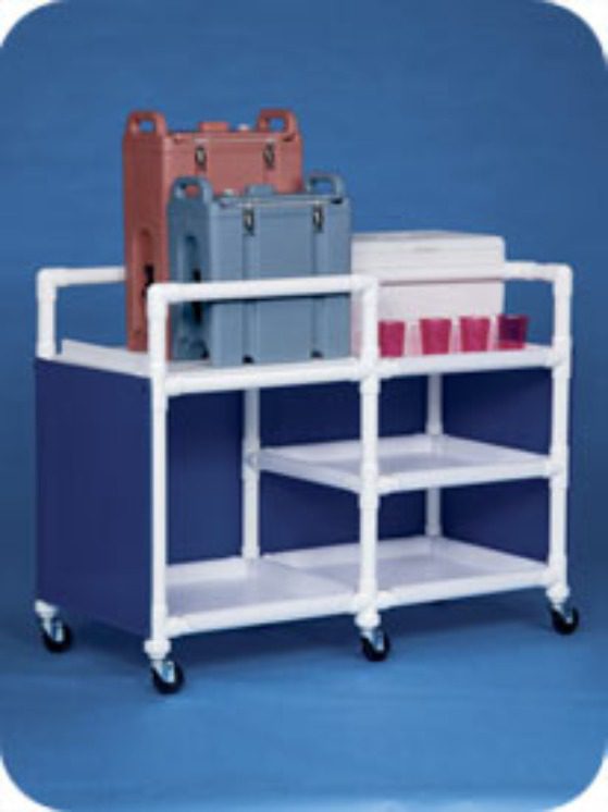 A cart with two shelves and three drawers.