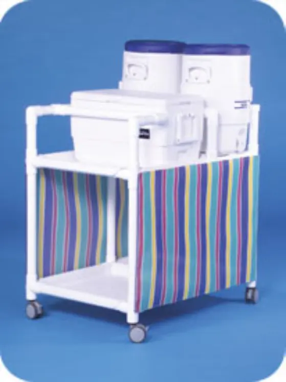 A cart with two shelves and a blue, white, and purple cover.