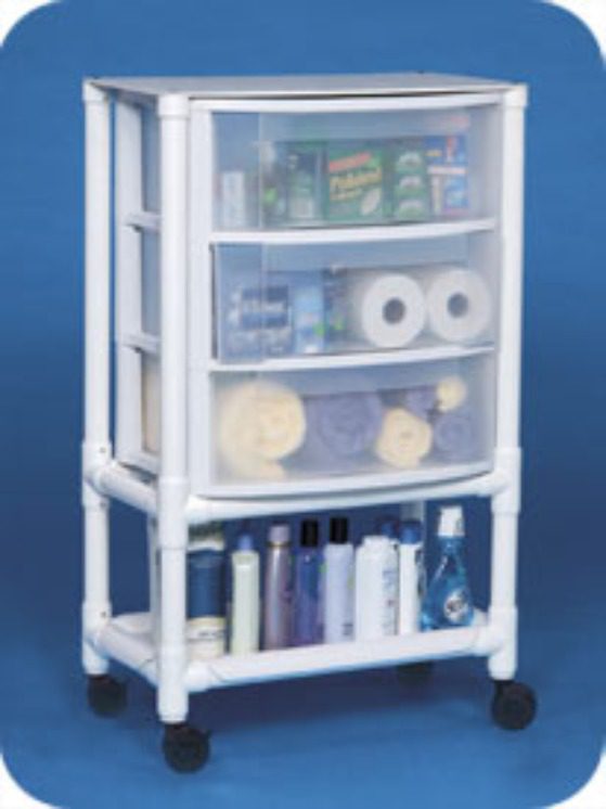 A plastic cart with four shelves and wheels.