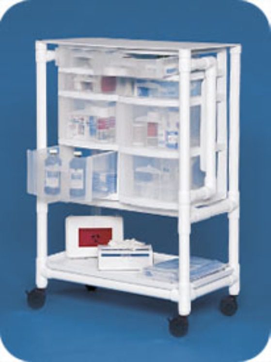 A plastic cart with multiple storage containers on top.