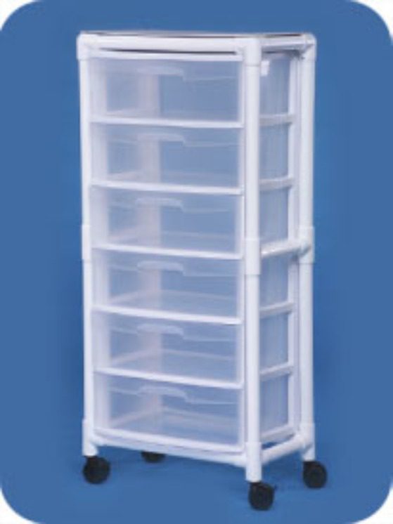 A plastic cart with six drawers on it.