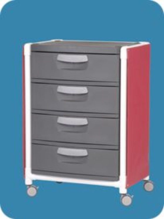 A red and gray cart with four drawers.