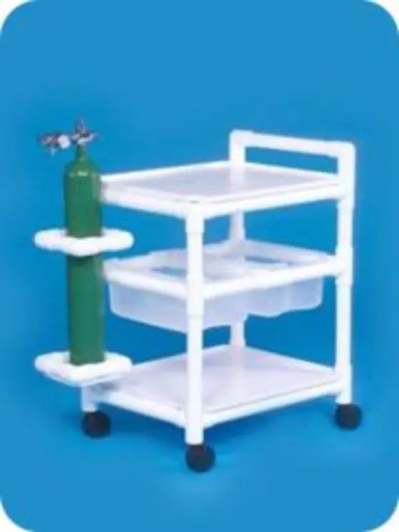 A white cart with three shelves and a fire extinguisher.