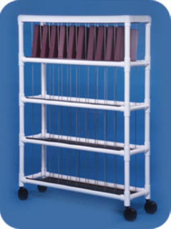 A rack with four shelves and wheels on the bottom.