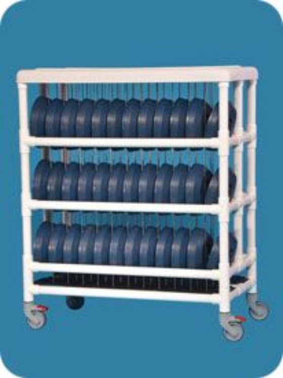 A plastic cart with many blue containers on top.