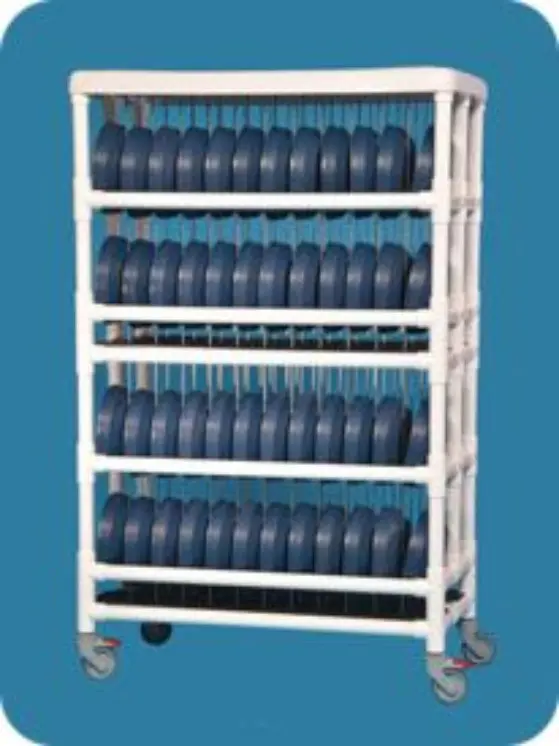 A white cart with many blue bottles on it.