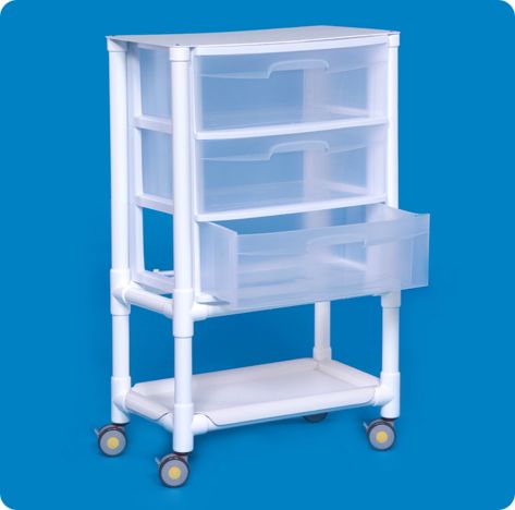 A plastic cart with three drawers and two shelves.
