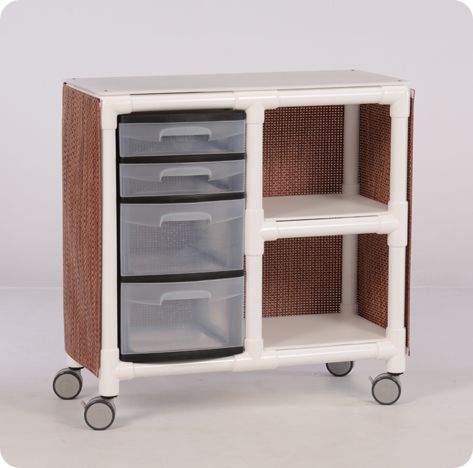 A wooden cart with three drawers and two shelves.