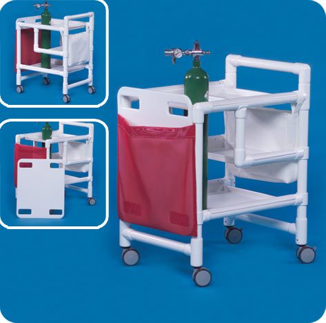 A white cart with red bag and two shelves.