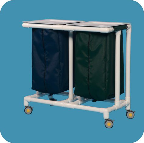 A double laundry hamper cart with wheels and two bags.