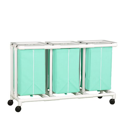 A three bag laundry cart with a green cover.