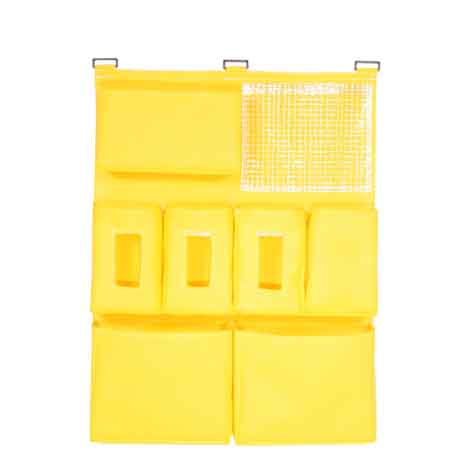 A yellow wall hanging with multiple compartments.