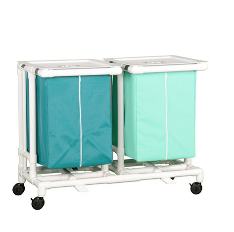 A double laundry hamper with wheels and two bags.