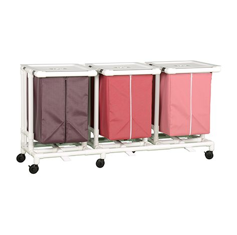 A three bin cart with a pink and red cover.